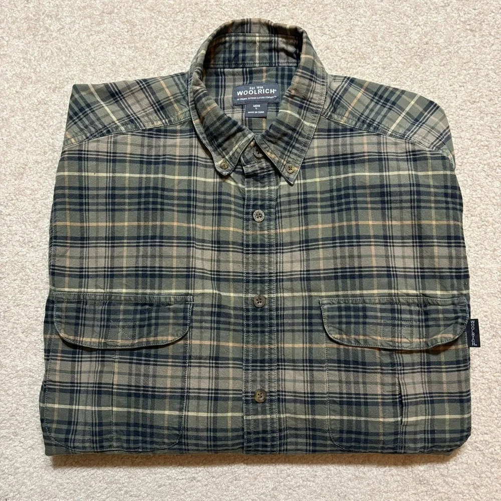 Woolrich Shirt Mens Large Green Plaid Button‎ Front Long Sleeve Outdoor Hiking